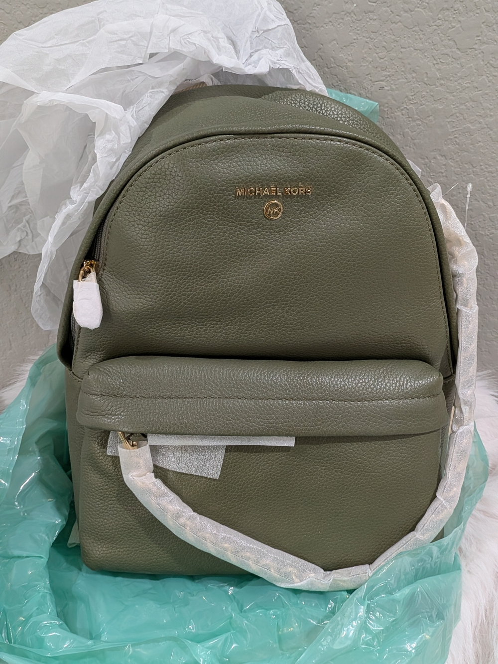 Michael Kors Olive Green Pebbled Leather Backpack